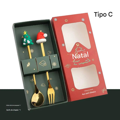 Kit de 4pcs Colheres Natalinas com Cabeça de Alce em Inox