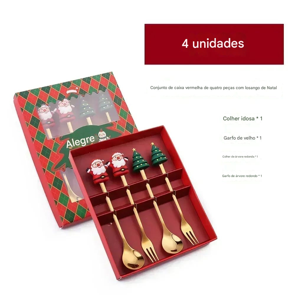 Kit de 4pcs Colheres Natalinas com Cabeça de Alce em Inox